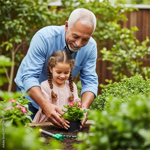 Wallpaper Mural Realistic image of a grandfather and granddaughter bonding while planting flowers in a garden, capturing a tender family moment. Torontodigital.ca