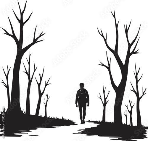 Journey Through the Barren Woods: A Solitary Figure Amongst Skeletal Trees