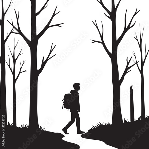Journey Through the Barren Woods: A Solitary Figure Amongst Skeletal Trees