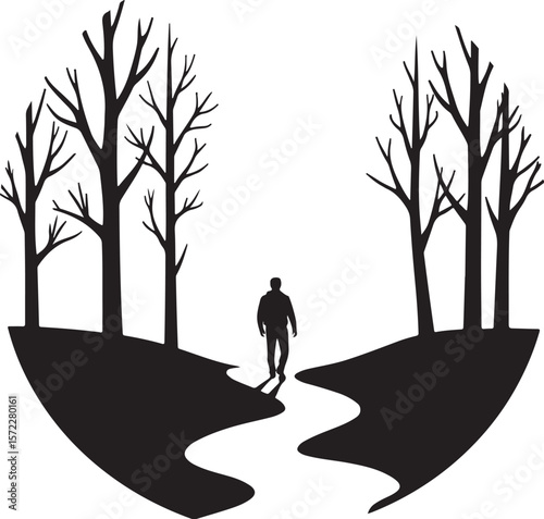 Journey Through the Barren Woods: A Solitary Figure Amongst Skeletal Trees