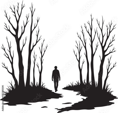 Journey Through the Barren Woods: A Solitary Figure Amongst Skeletal Trees