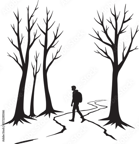 Journey Through the Barren Woods: A Solitary Figure Amongst Skeletal Trees