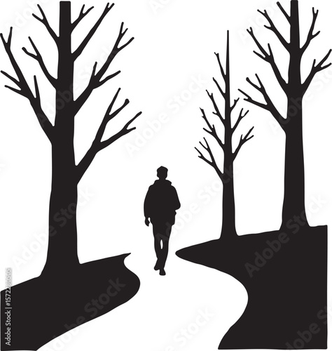 Journey Through the Barren Woods: A Solitary Figure Amongst Skeletal Trees