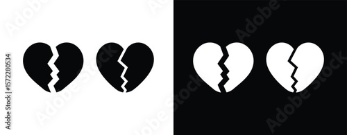 Broken heart, Cracked heart icon collection in black and white filled and stroke line style simple and modern design. sad separation icon.