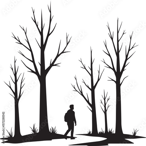 Journey Through the Barren Woods: A Solitary Figure Amongst Skeletal Trees