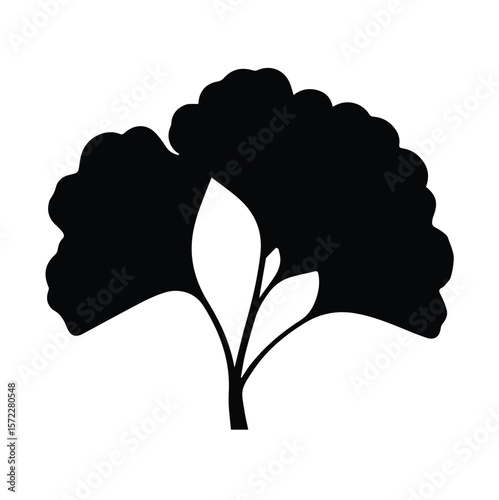 Ginkgo biloba leaf silhouette in a simple, elegant design. Botanical illustration of a ginkgo leaf form with clean lines.