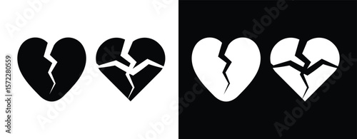 Broken heart, Cracked heart icon collection in black and white filled and stroke line style simple and modern design. sad separation icon.