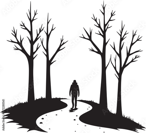 Journey Through the Barren Woods: A Solitary Figure Amongst Skeletal Trees