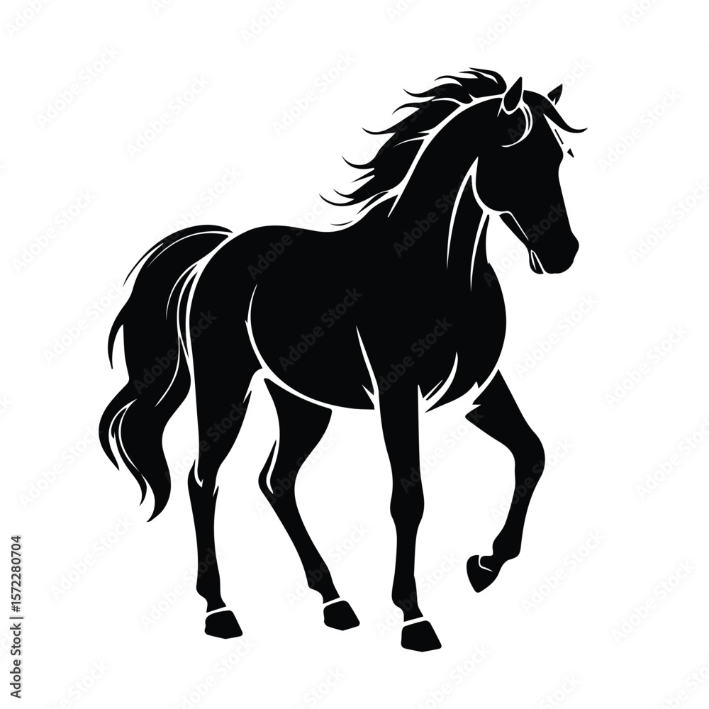 Obraz premium Black silhouette of a horse in a walking pose against a plain white background. Silhouette of a horse in motion, showcasing its form and mane.