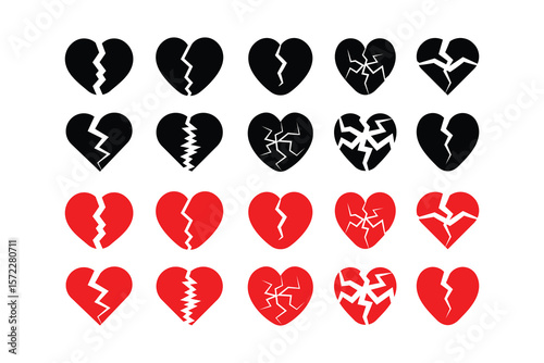 Broken heart silhouette, red icon set. Cracked love heart vector collection. Black and red heartbreak symbols for sadness, pain, and breakup themes.
