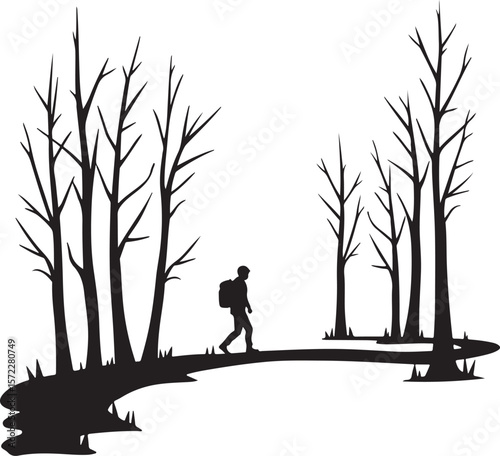 Journey Through the Barren Woods: A Solitary Figure Amongst Skeletal Trees