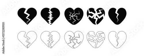Broken heart, Cracked heart icon collection in black and white filled and stroke line style simple and modern design. sad separation icon.