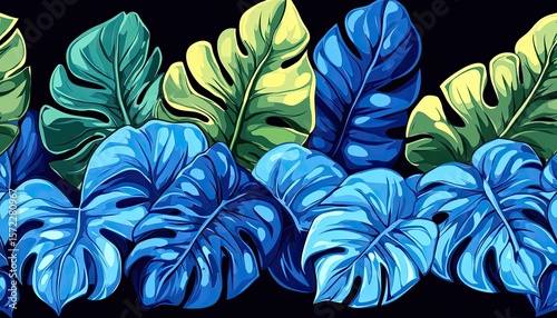 Illustration of colorful monstera leaves on a black background, stylish. Great for tropical backgrounds, wallpaper, fabrics, or any creative design.