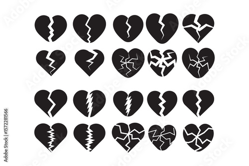 Set of broken heart icons in silhouette style. Cracked and shattered heart symbols for emotional pain, separation, and sad love design.