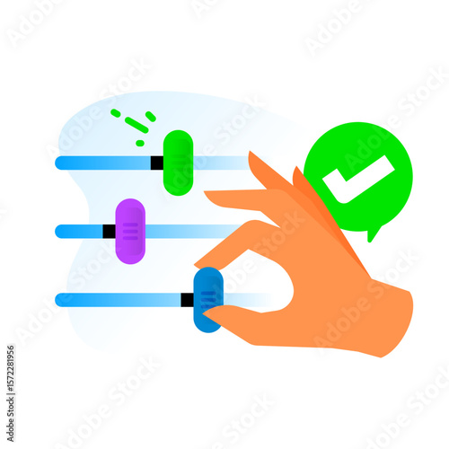 illustration of hand adjusting toggle slider, check mark. user customization, successful settings adjustment, personalized control. for app UI, dashboard interfaces, privacy settings, user preferences
