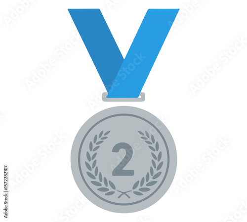 Silver Second Place Medal with Blue Ribbon.Silver medal for "2nd" place with a blue ribbon and laurel wreath. Symbolizes achievement and victory in competitions. 