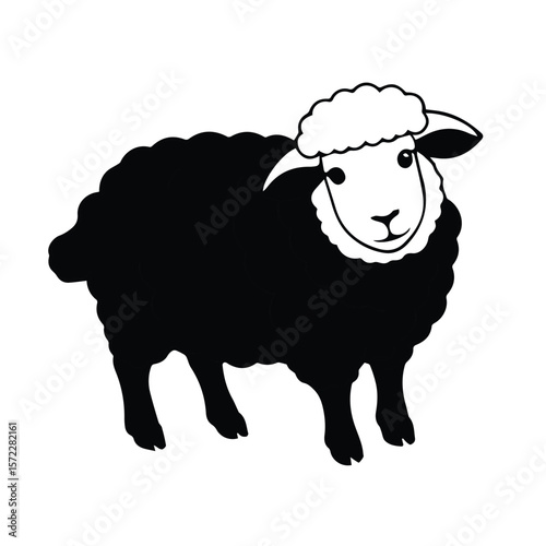 Black sheep silhouette in profile view against a plain white background. Farm animal illustration with simple, stylized design. No specific location.
