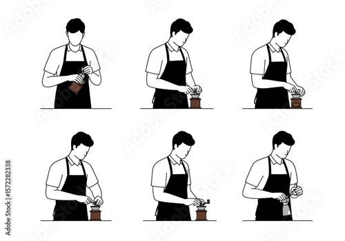 A barista meticulously prepares coffee beans, showcasing the process from bag to grinder in a series of six minimalist line illustrations, ideal for coffee shop branding or educational materials.