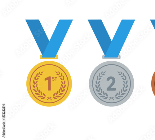 Gold and Silver Award Medals with Blue Ribbons.Gold (1st) and silver (2nd) award medals with blue ribbons and laurel wreaths, symbolizing victory and achievement. Clean, flat design for competitions 