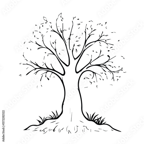 Black and white stylized tree illustration with no people or objects. Simple line drawing of a tree with bare branches, roots, and grass.