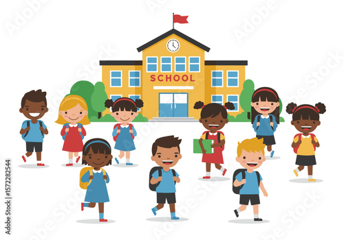 A diverse group of happy elementary school children with backpacks are walking towards a traditional school building, ready for a new academic year.