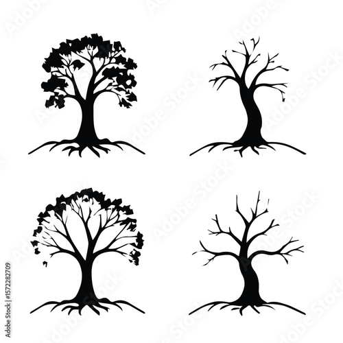 Black and white silhouette tree collection, set of four simple stylized tree images. Four diverse tree silhouettes with roots displayed against a plain white background.