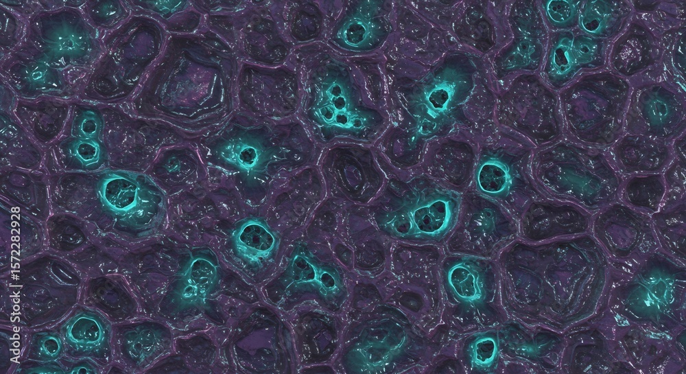 Fototapeta premium Dark purple glossy organic texture with numerous irregular glowing tealblue celllike pockets