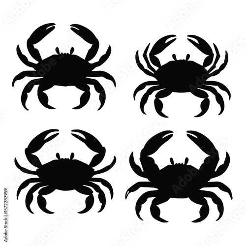 Crab silhouettes in a symmetrical arrangement against a white background. Simple, black silhouettes of crabs in a repeating pattern.