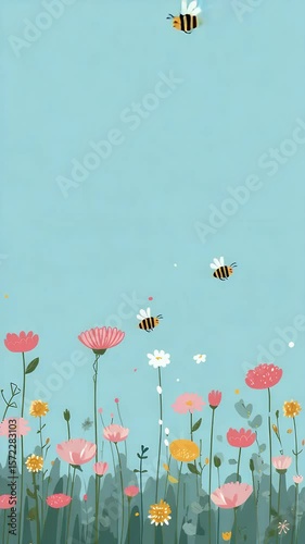 Playful Bees Flying Over Colorful Flower Field in Bright Blue Sky