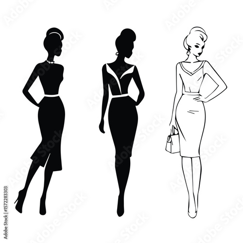 Female silhouettes in stylish business attire, posing confidently in a professional setting.