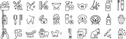 Pet Grooming Stroke Icon Set. Includes Bathing, Nail Clipping, Haircut, Shampoo, and More Care Items. Editable Outline Icons.