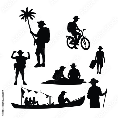 Adventurous adults and children in various outdoor activities like hiking, biking, boating, and exploring a tropical setting.