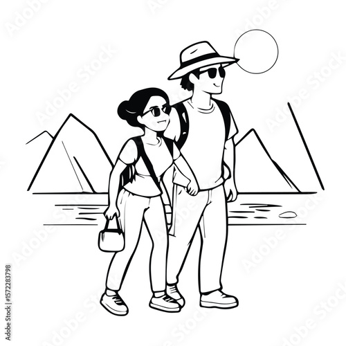 Young couple hiking in mountainous landscape. Walking together with backpacks and casual attire. Tourists enjoying the outdoors. mountain range location.