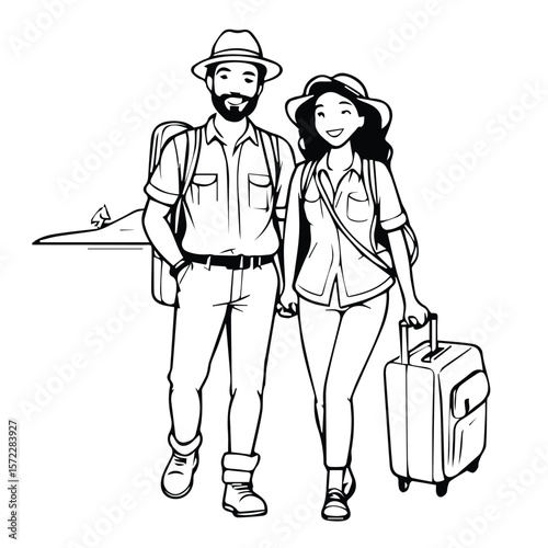 Happy couple hiking with luggage in a scenic landscape. Smiling adventurers strolling through the outdoors, holding hands and a suitcase, showcasing a joyful vacation.