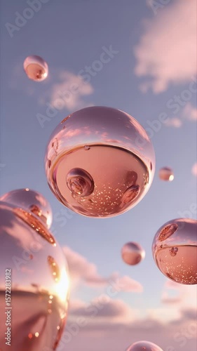 Abstract pink bubbles floating in soft pastel sky at sunrise