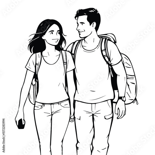 Young couple hiking with backpacks, walking hand-in-hand in outdoor scenery. Smiling tourists strolling along a trail, holding hands, expressing joy and adventure.
