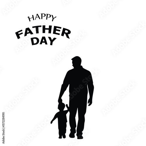 Father and child silhouette walking together on Happy Father's Day. Adult male and young child holding hands in casual attire on a blank background.