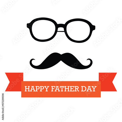 Generic father figure with spectacles and mustache in a celebratory Father's Day design. Simple graphic of a man's face with a ribbon banner displaying the text "Happy Father's Day".