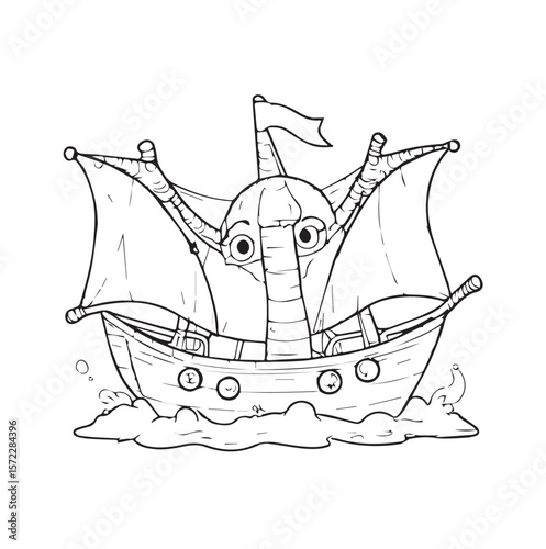 Cartoon ship with monster captain on the water. Characterful vessel in whimsical, outlined style with a friendly monster captain in an imaginary seafaring role.