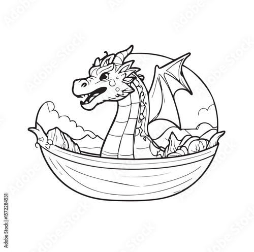 Cute dragon in a bowl of food with a fantasy setting. Dragon in a fantasy food bowl with mountainous backdrop, outlined drawing.