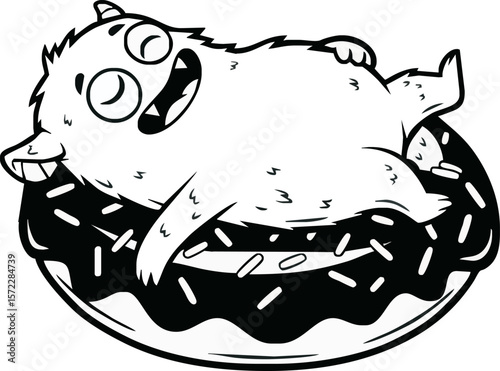 Cartoon monster happily lounges atop a frosted donut with sprinkles, in a black and white illustration.
