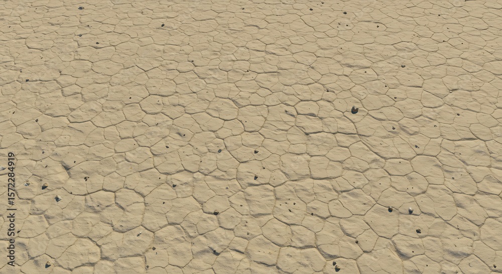 Expansive view of dry light beige earth with polygonal desiccation cracks and scattered small stones Expansive view of dry light beige earth with polygonal desiccation cracks and scattered small stones