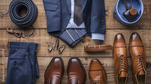 Outfit of classic menswear essentials: a navy suit, dress shirts, brown leather shoes, a belt, and a tie. This ensemble is arranged on a wooden surface with ample space for adding your own text.
