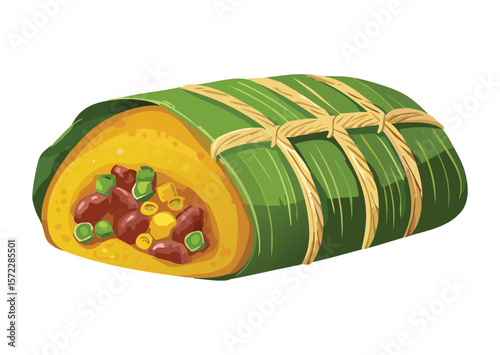 Traditional Tamale Wrapped Green Leaf - Vector Illustration