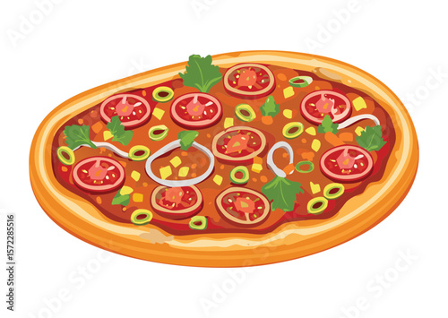 Classic Round Pizza Olive Onion Topping - Vector Illustration