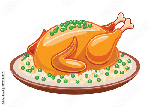 Roasted Chicken Whole Bird Green Peas - Vector Illustration