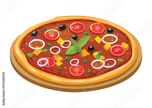 Veggie Pizza Sliced Onion Pepper Olives - Vector Illustration