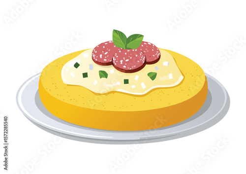 Yellow Polenta Dish Fresh Herb Topping - Vector Illustration