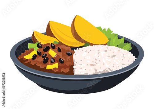 Rice Beans Mango Slices Dark Bowl - Vector Illustration
