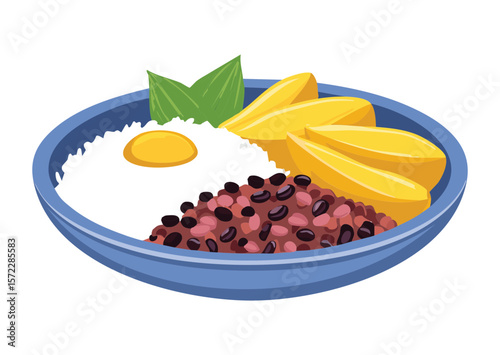 Rice Beans Egg Blue Bowl Mango - Vector Illustration